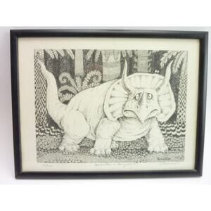 Vintage Signed Rodecker Print Triaceratops in Amazement Framed Dinosaur Picture